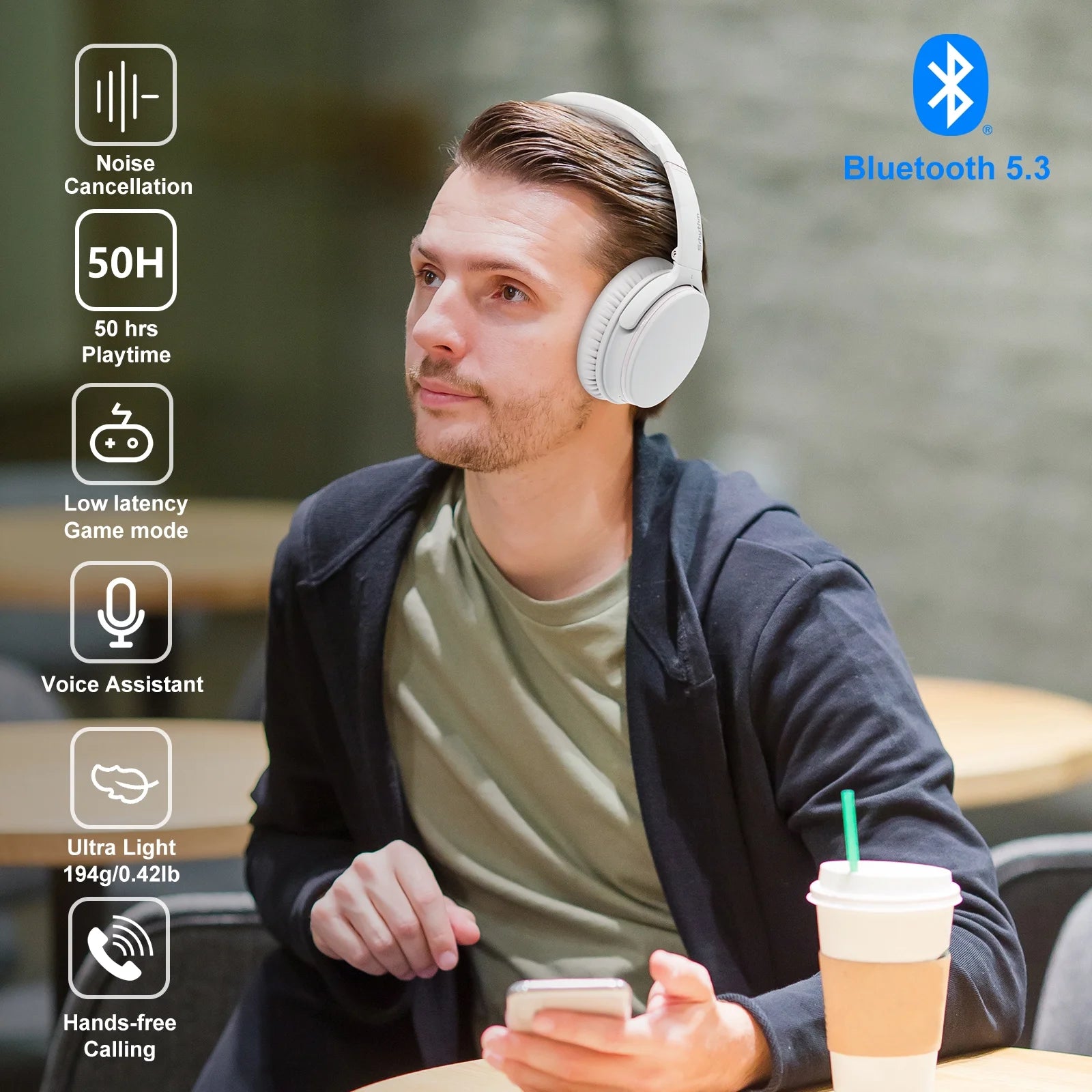 NC25 Active Noise Cancelling Headphones Bluetooth 5.3,ANC Stereo Headset Over-Ear with Hi-Fi,Mic,50H Playtime,Voice Assistant,Low Latency Game Mode