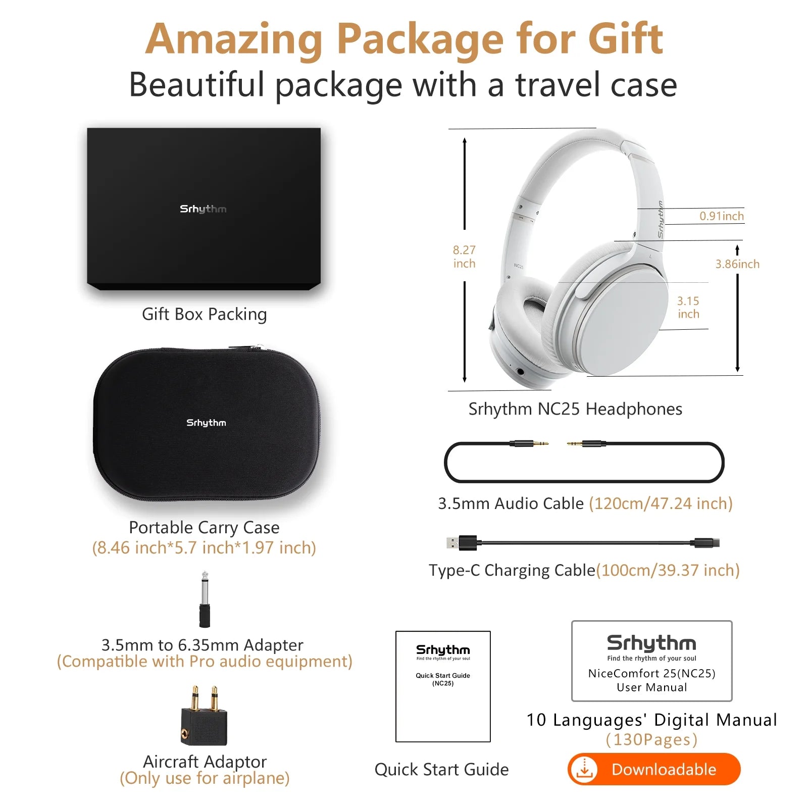 NC25 Active Noise Cancelling Headphones Bluetooth 5.3,ANC Stereo Headset Over-Ear with Hi-Fi,Mic,50H Playtime,Voice Assistant,Low Latency Game Mode
